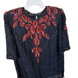 Vintage 100% Silk Beaded Sequined Top Blouse Black Multi Color M Holiday Party